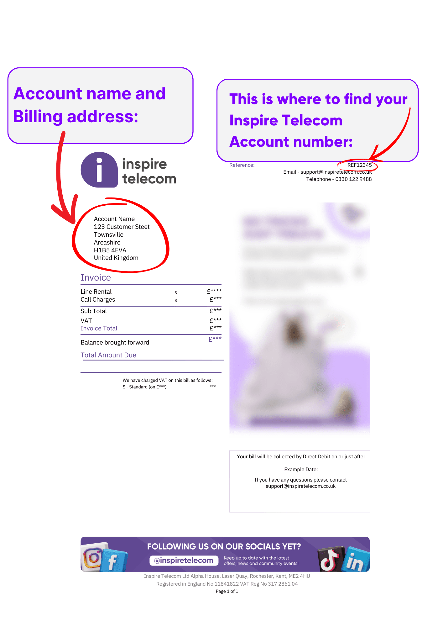 One Touch Switch: locate your Inspire Telecom account info on your bill